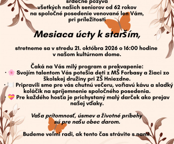 Aktuality / Pozvánka - slávnostné posedenie pri príležitosti Mesiaca úcty k starším 21.10.2026 o 16.00 - foto