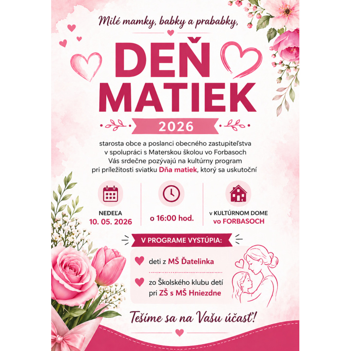 Pozvánka - na kultúrny program pri príležitosti sviatku Dňa matiek 10.05.2026 o 16.00 v kultúrnom dome vo Forbasoch