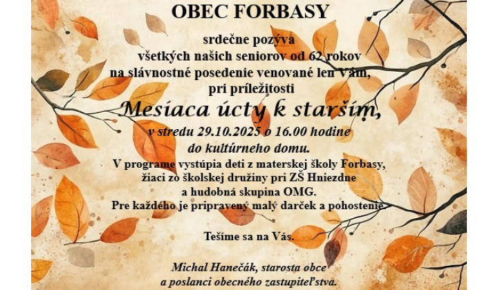 Pozvánka - slávnostné posedenie pri príležitosti Mesiaca úcty k starším 29.10.2025 o 16.00