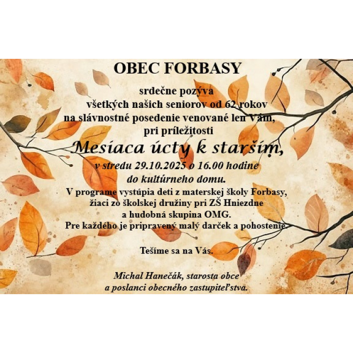 Pozvánka - slávnostné posedenie pri príležitosti Mesiaca úcty k starším 29.10.2025 o 16.00