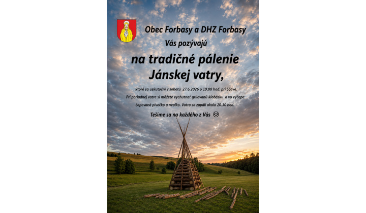 Pozvánka na pálenie Jánskej vatry - sobota 27.6.2026 pri Štave  