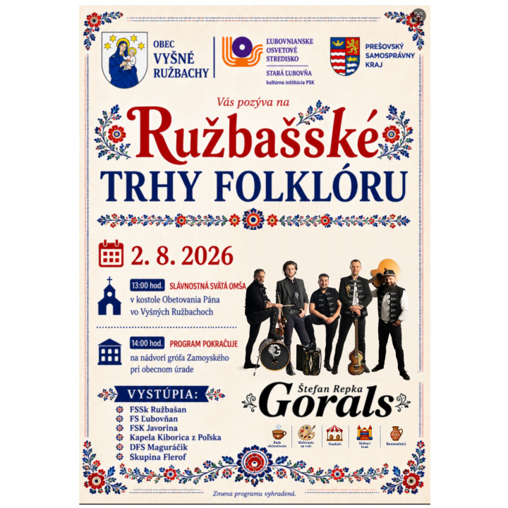 Pozvánka na Ružbašské trhy folklóru 2026 2.augusta 2026