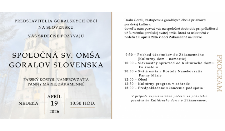Spoločná svätá omša goralov Slovenska 19.4.2026 o 10.30 Zákamenné 