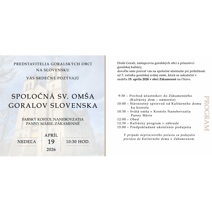 Spoločná svätá omša goralov Slovenska 19.4.2026 o 10.30 Zákamenné 